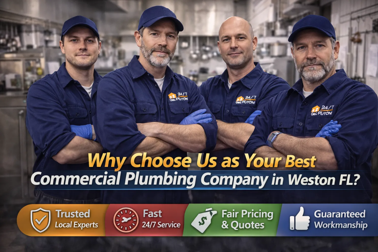 Professional commercial plumbing team standing together ready to provide expert plumbing services for businesses in Weston FL