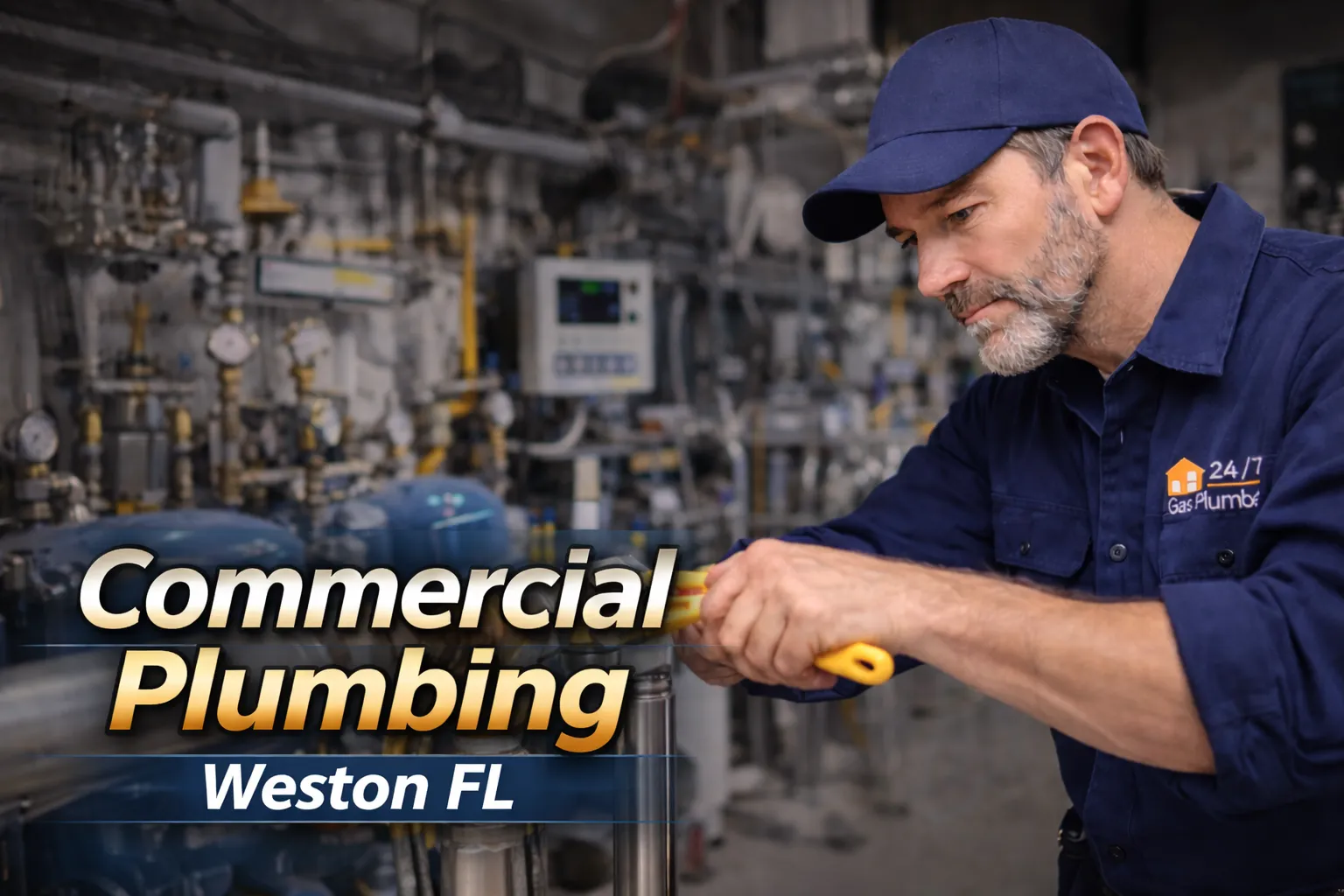 Professional commercial plumber working on industrial plumbing pipes and valves during commercial plumbing service in Weston Florida