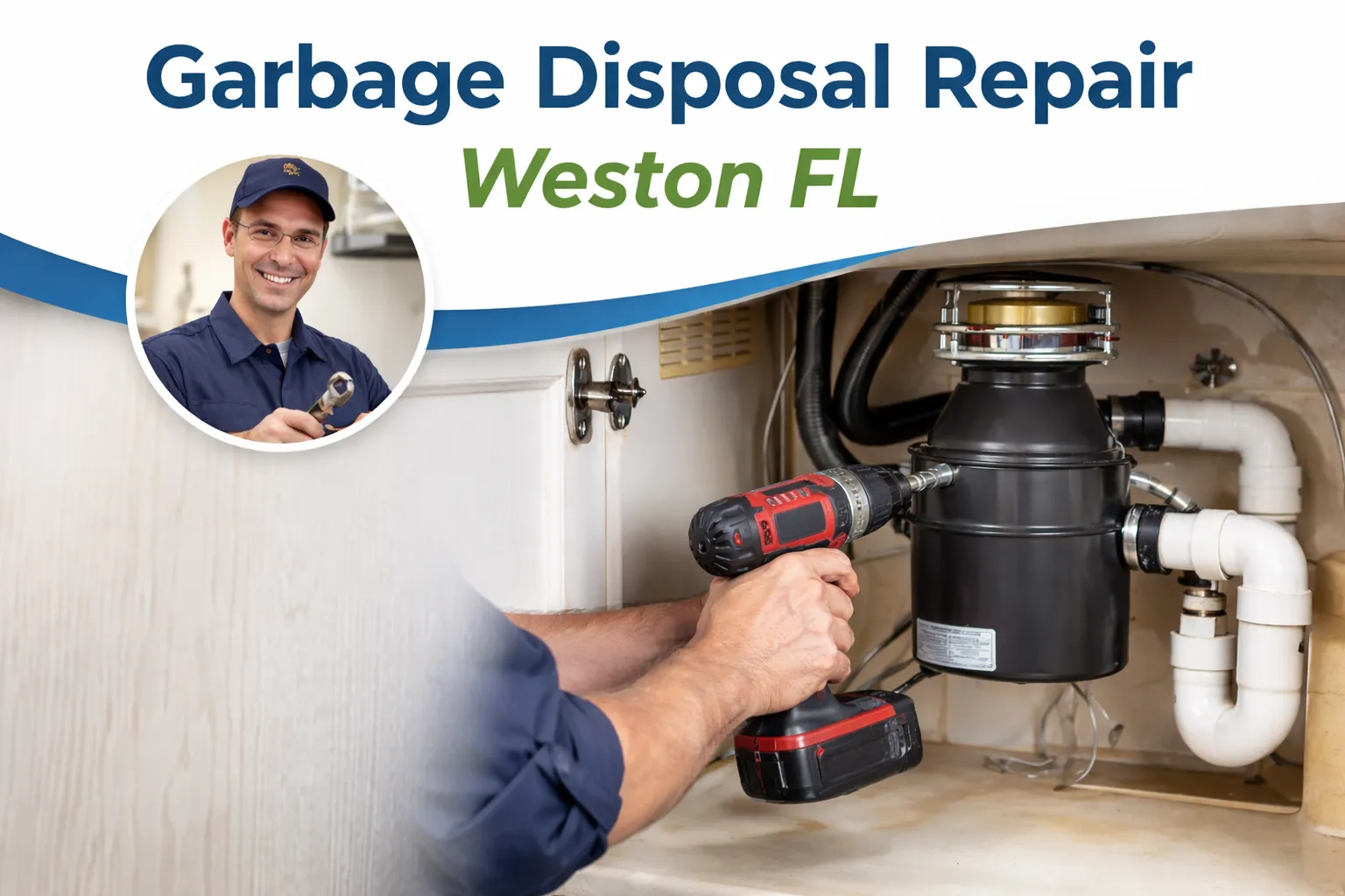 Licensed plumber in Weston FL repairing a kitchen garbage disposal unit under the sink in a residential home