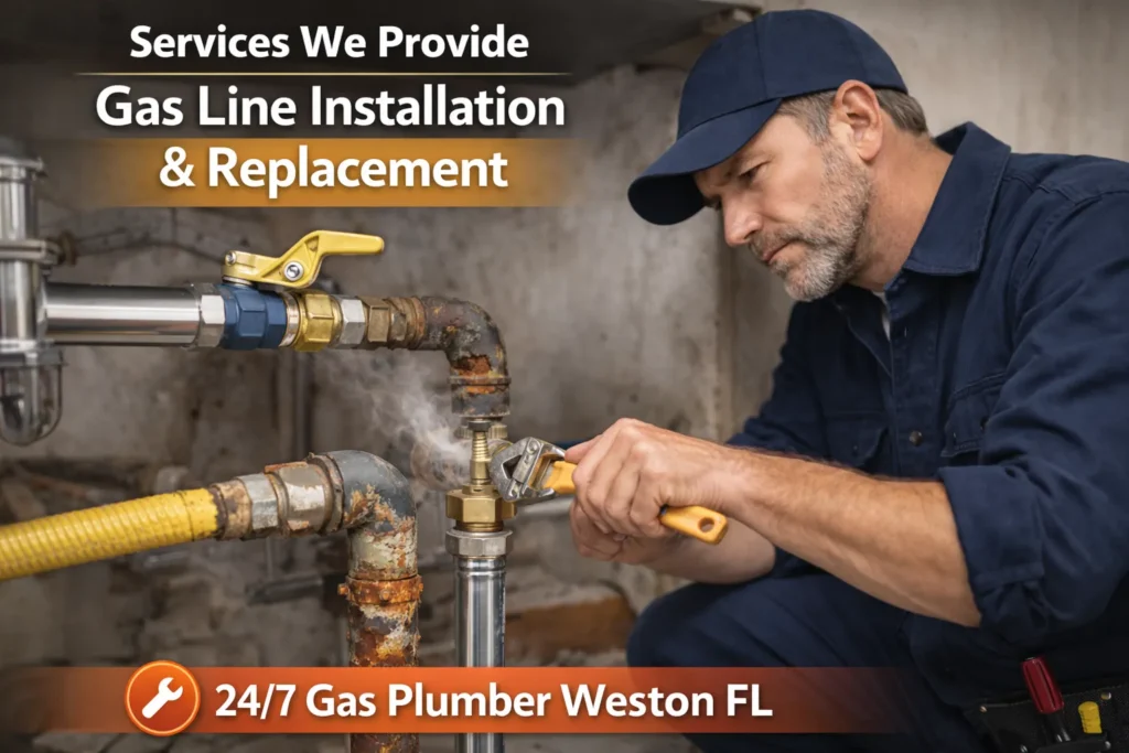 Licensed gas plumber installing and replacing residential gas lines safely during professional gas plumbing service in Weston FL