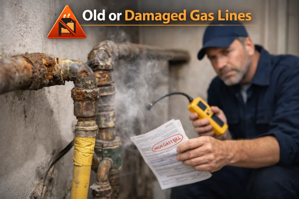 Technician inspecting old and corroded gas lines showing signs of leaks and damage during gas plumbing service in Weston FL