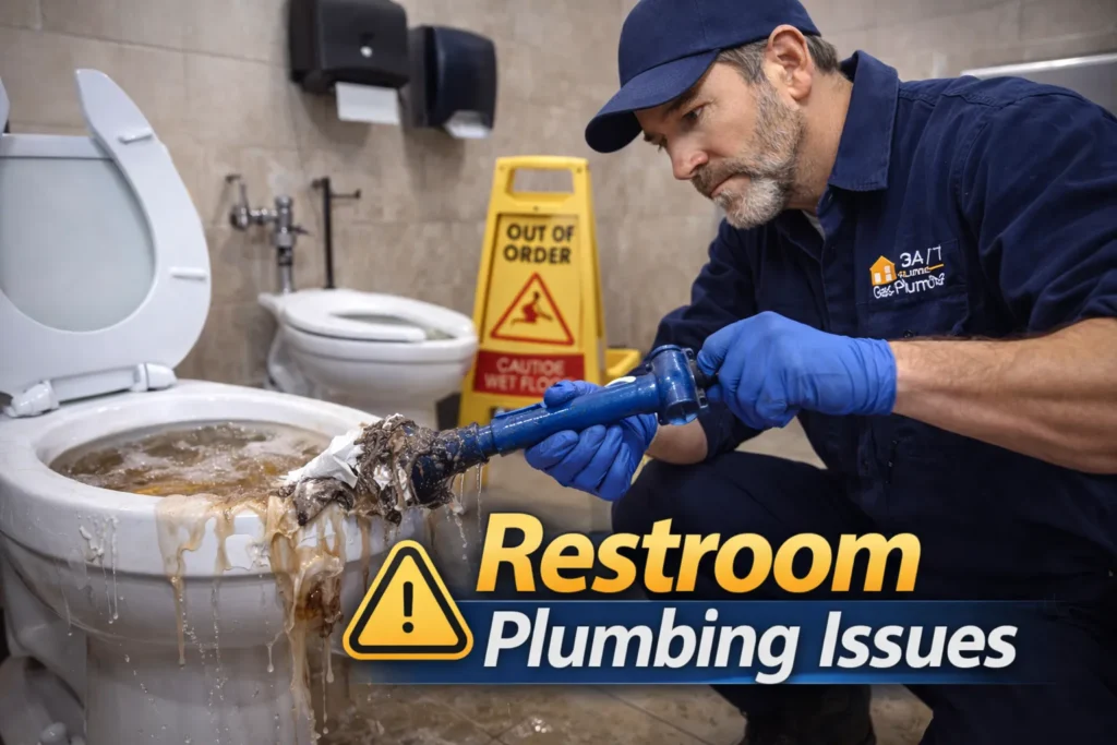 Commercial plumber repairing restroom sink and toilet plumbing inside a business restroom in Weston FL