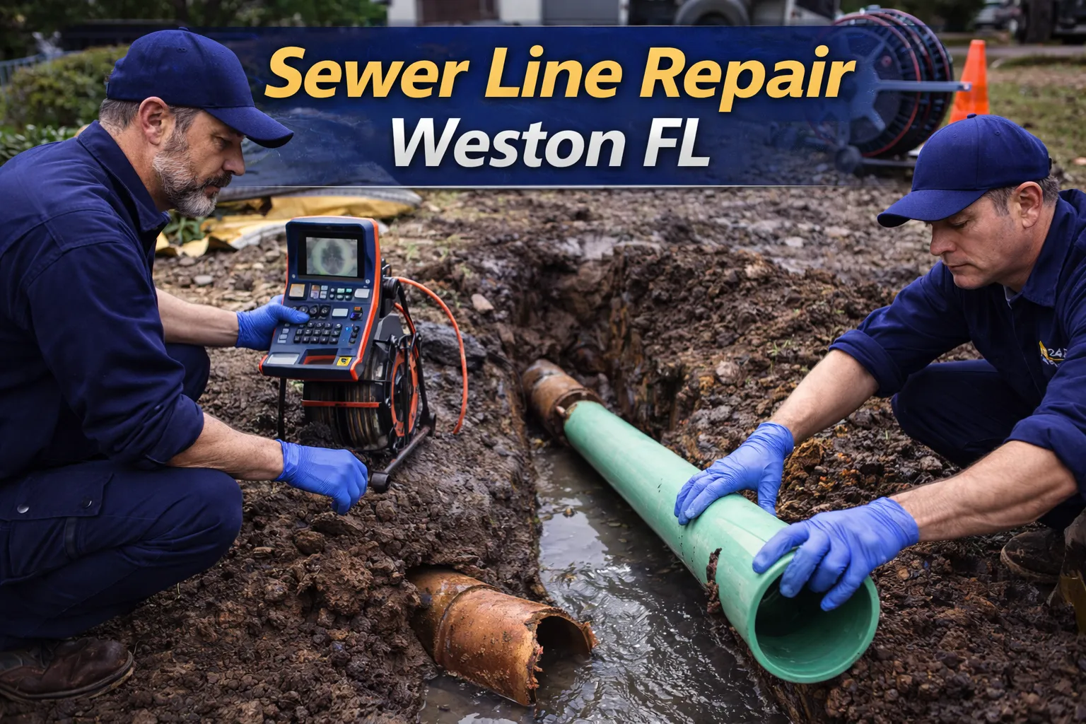 Professional plumbers repairing damaged underground sewer line and replacing pipe during sewer line repair service in Weston FL