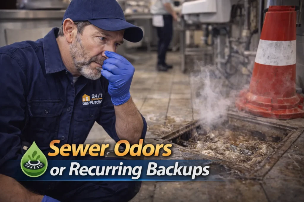 Commercial plumber inspecting floor drain and sewer line causing odors and recurring backups inside a business property in Weston FL