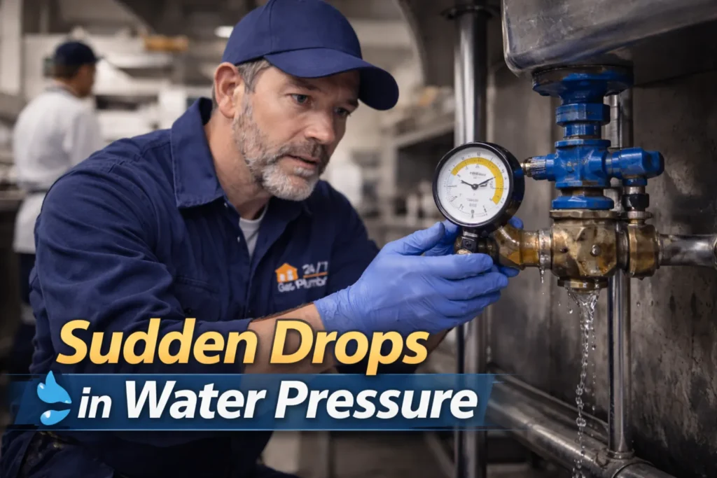 Commercial plumber inspecting pipes and pressure valves to fix sudden low water pressure issues in a commercial building in Weston FL
