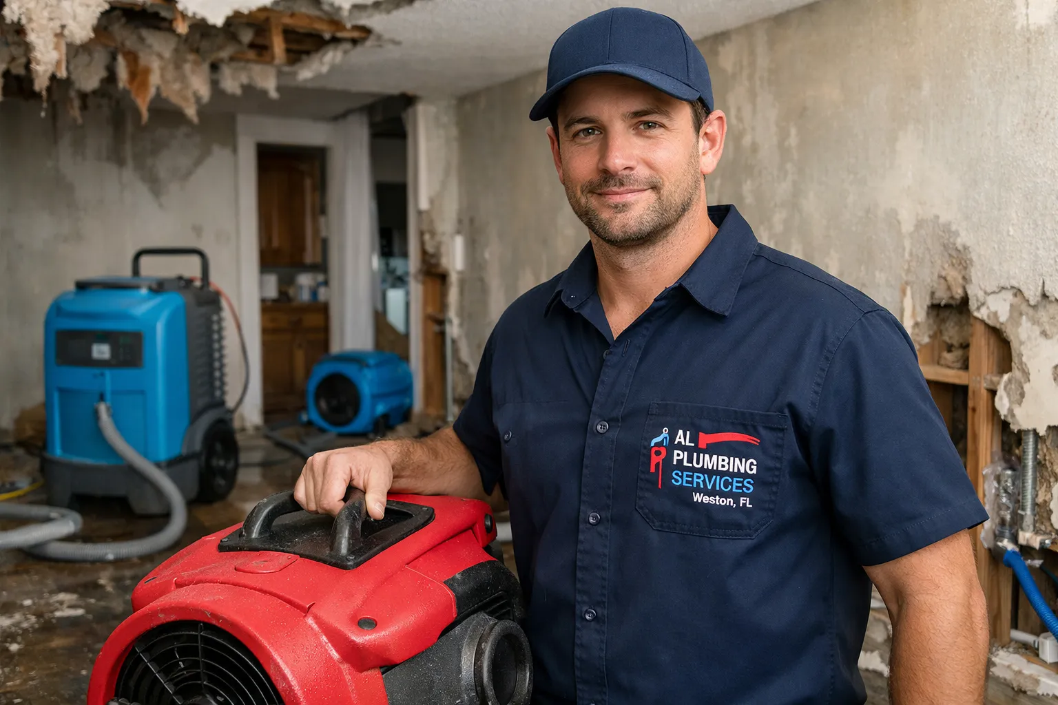Professional water damage restoration technician in Weston FL removing flood water using industrial drying equipment